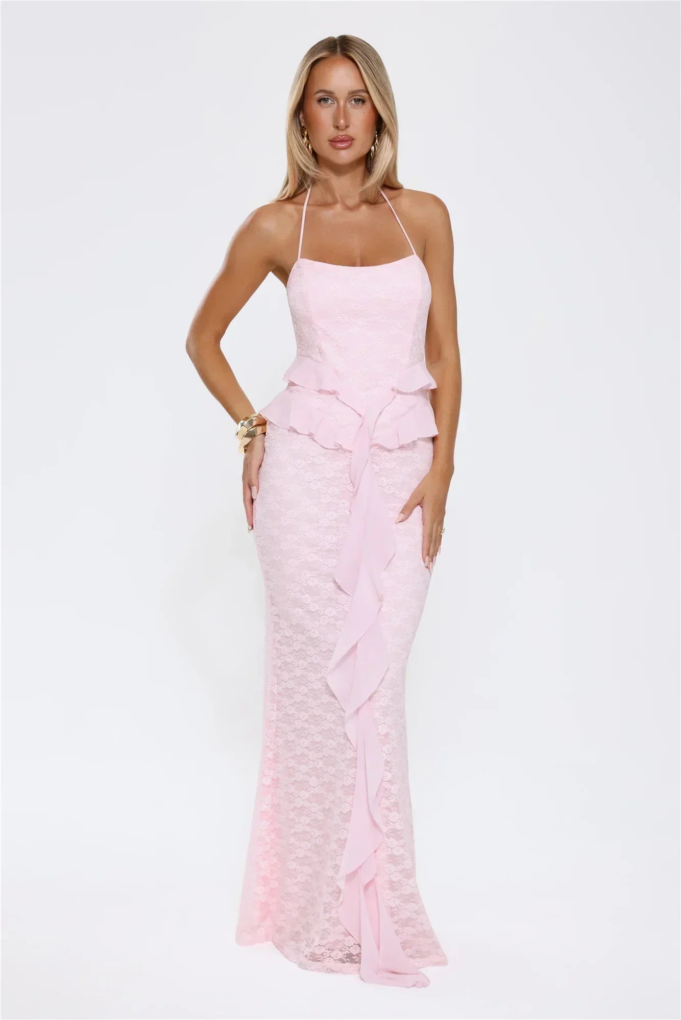 Blush Pink Halter Neck Open Back Lace Ruffle Mermaid Formal Evening Pr – Koutun Dress