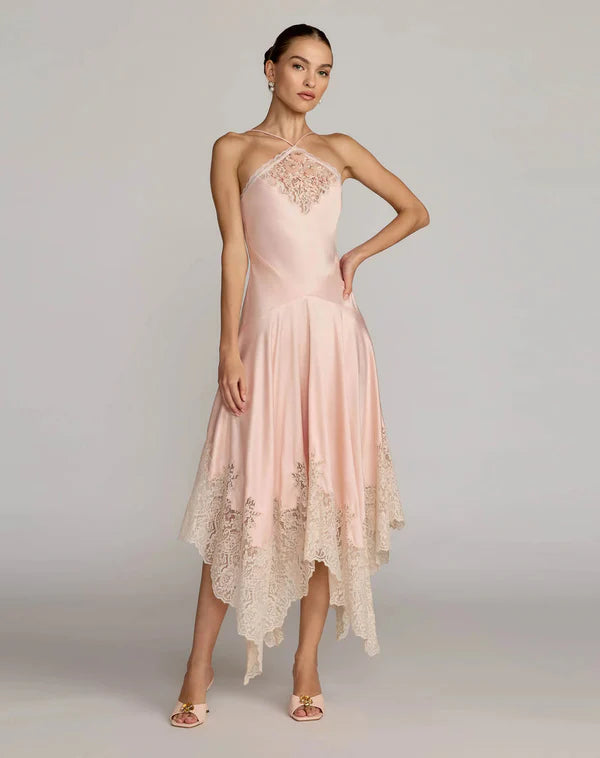 Blush Pink Halter Neck Satin Lace Trim Asymmetric Hem Midi Formal Even Koutun Dress Blush Pink Halter Neck Satin Lace Trim Asymmetric Hem Midi Formal Even Koutun Dress