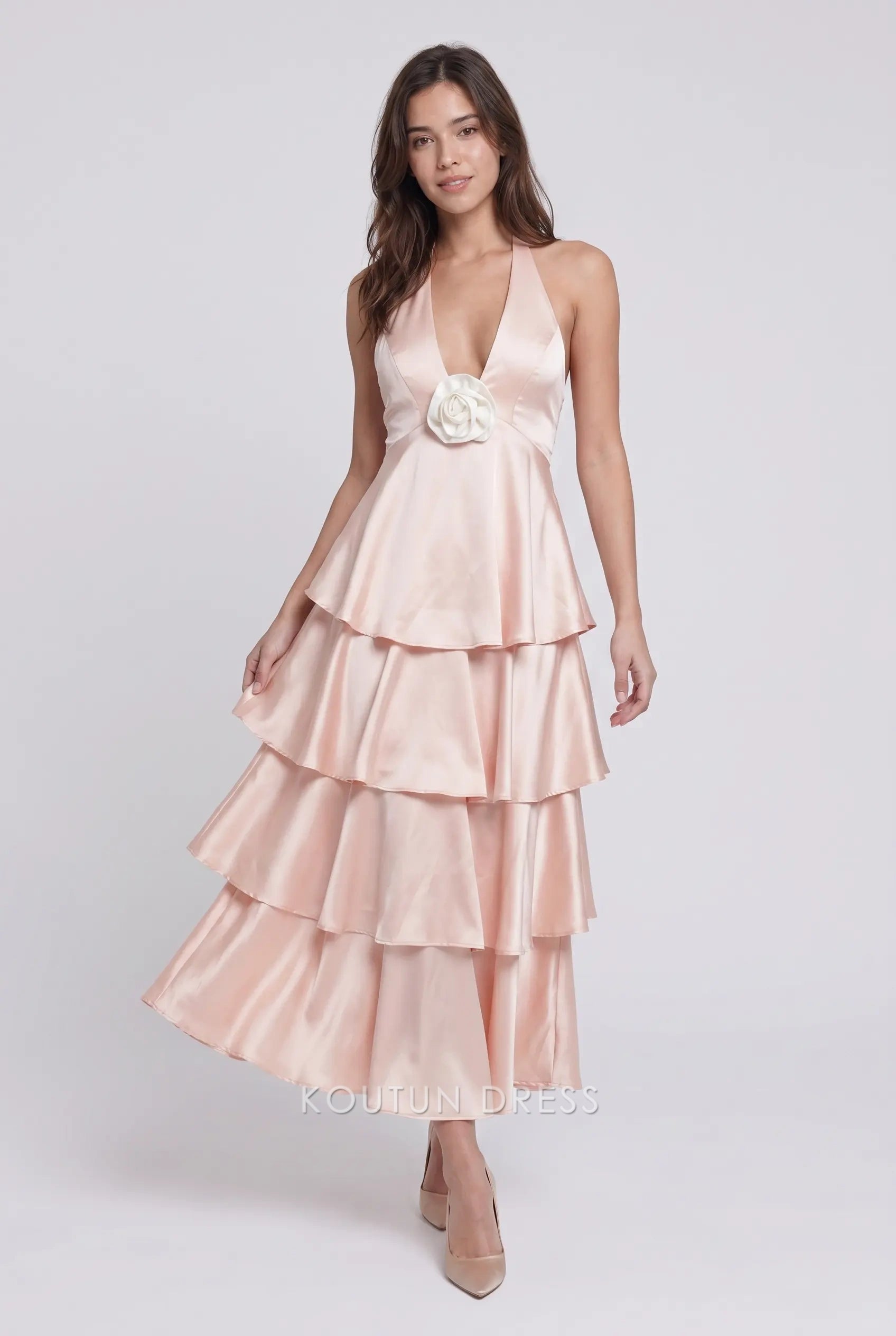Blush Pink Halter Neck Tiered Satin Midi Formal Evening Prom Dress Wit – Koutun Dress