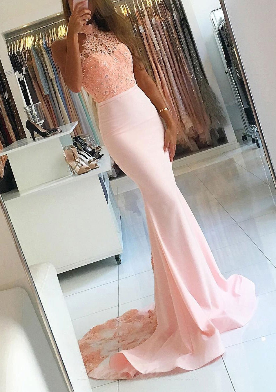 Blush Pink High Neck Lace Applique Mermaid Long Formal Evening Prom Dress