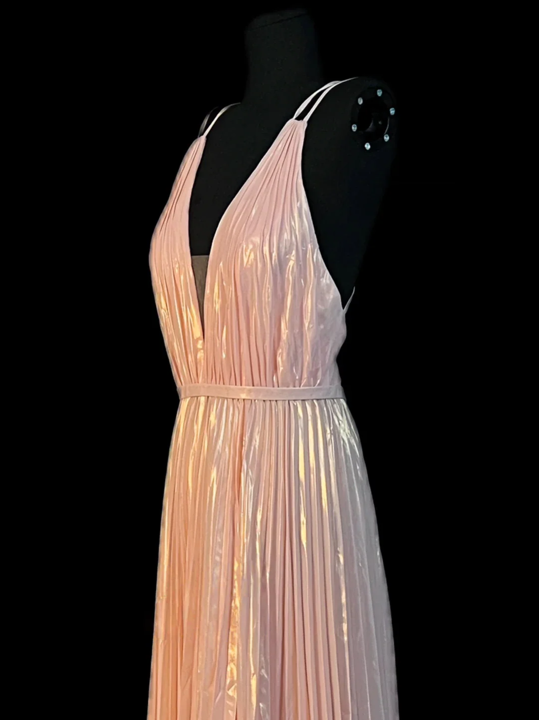 Blush Pink Metallic Pleated Prom Dress With Crisscross Backless Design And Deep V Neck Formal Prom Dress