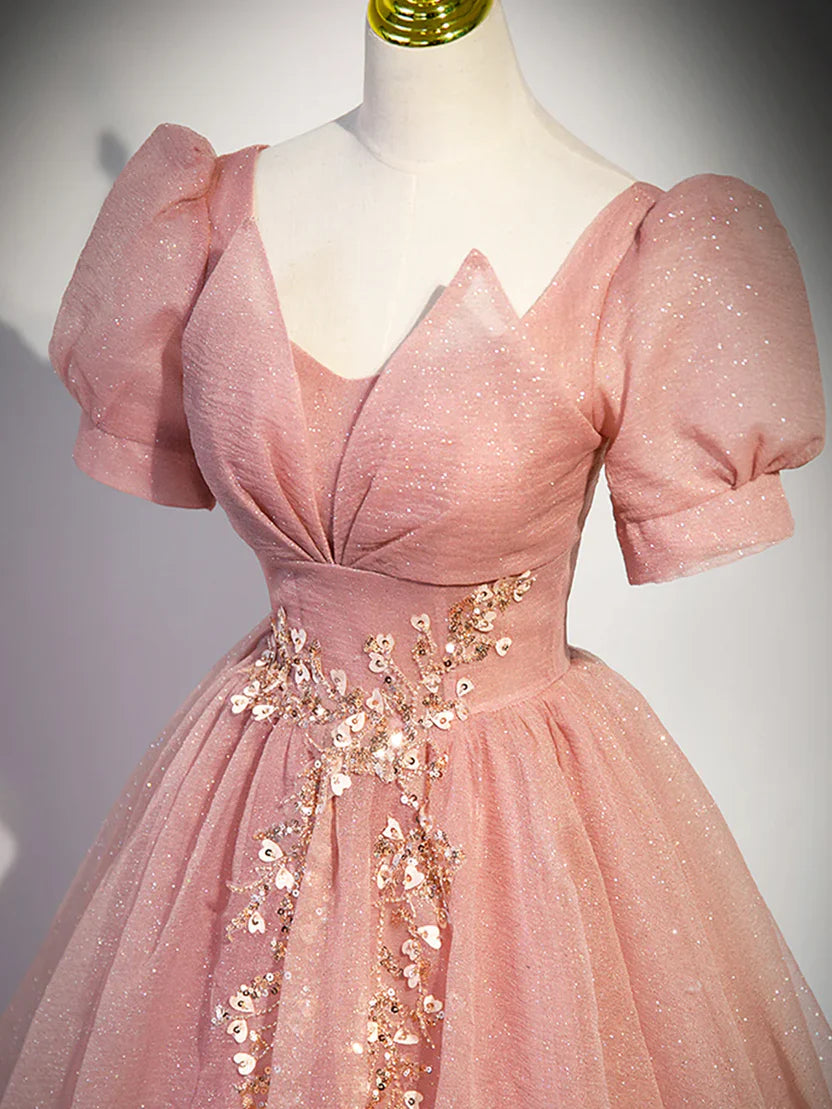 Blush Pink Puff Sleeve Prom Dress With Sparkly Tulle Floral Beaded Accents And Corset Back A Line Formal Prom Dress