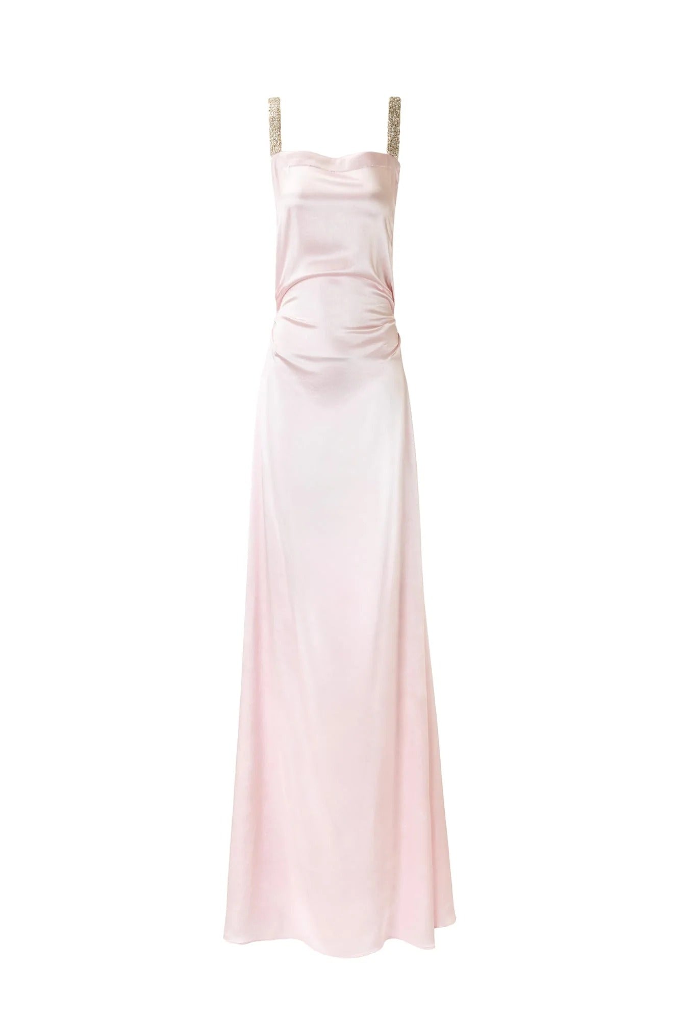 Blush Pink Satin Sheath Square Neck Crystal Beaded Strap Open Back Floor Length Formal Evening Prom Dress