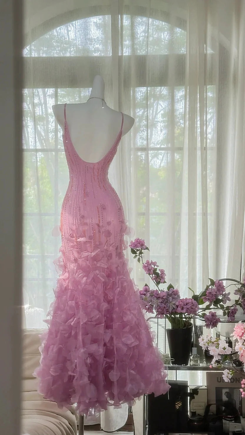 Blush Pink Spaghetti Strap Prom Dress With Beaded Bodice And Layered Petal Ruffle Mermaid Formal Prom Dress