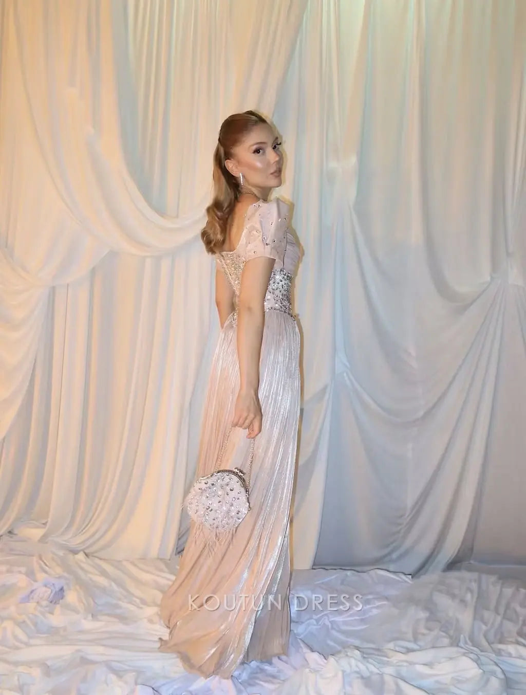 Blush Pink Square Neck Puff Short Sleeve Rhinestone Embellished Open Back Ruched Waist Pleated A Line Long Prom Dress