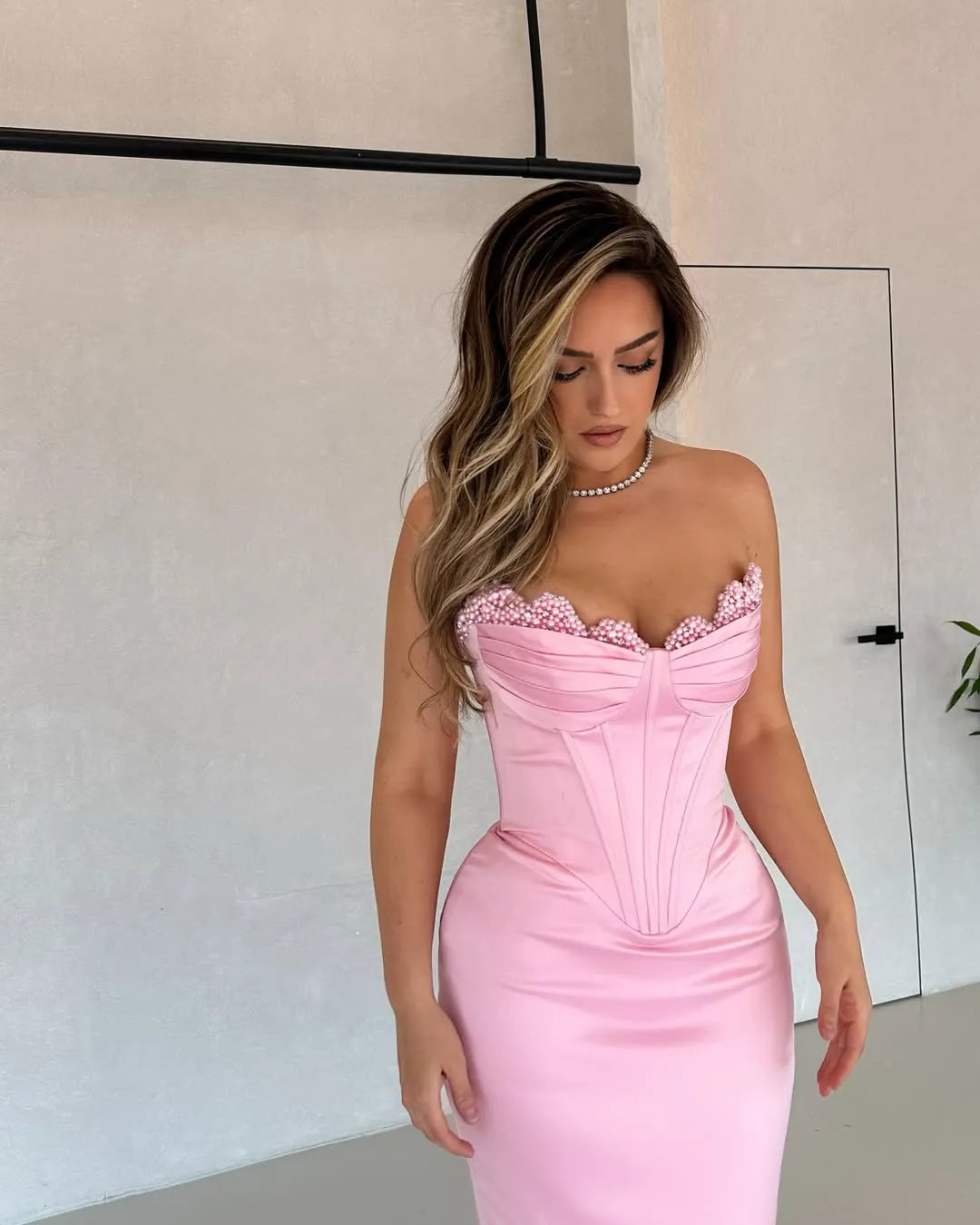 Blush Pink Strapless Pearl Trim Corset Satin Mermaid Long Formal Evening Prom Dress