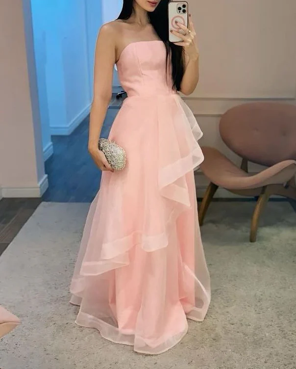 Blush Pink Strapless Prom Dress With Layered Organza Skirt Formal Prom Dress
