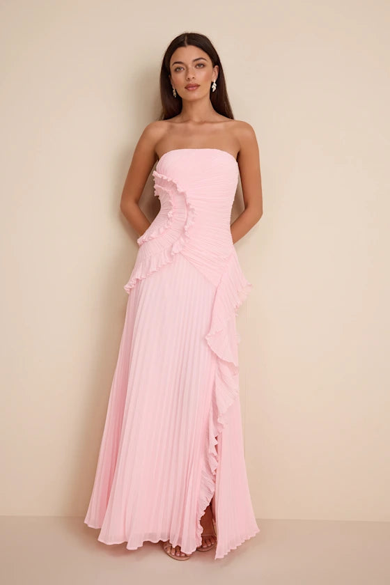 Blush Pink Strapless Prom Dress With Pleated Ruffle Detail And High Slit Chiffon Formal Prom Dress