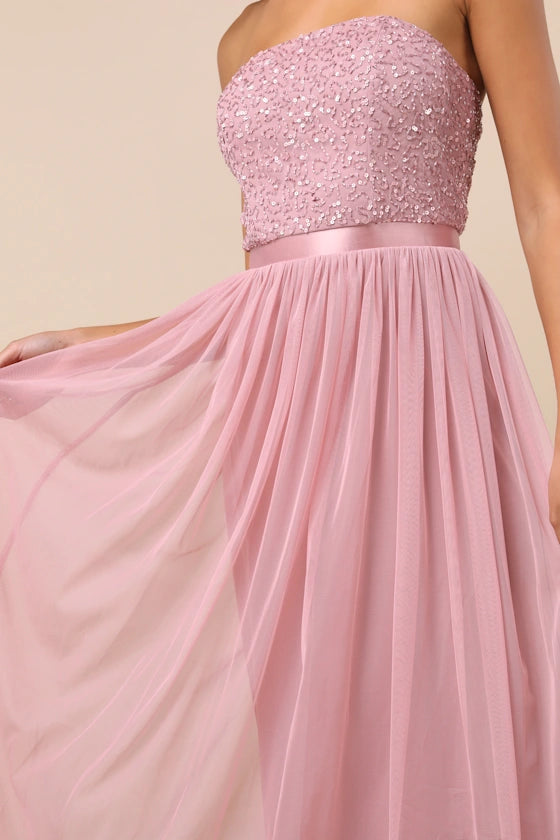 Blush Pink Strapless Prom Dress With Sequin Embellished Bodice Satin Waistband And Tulle A Line Formal Prom Dress