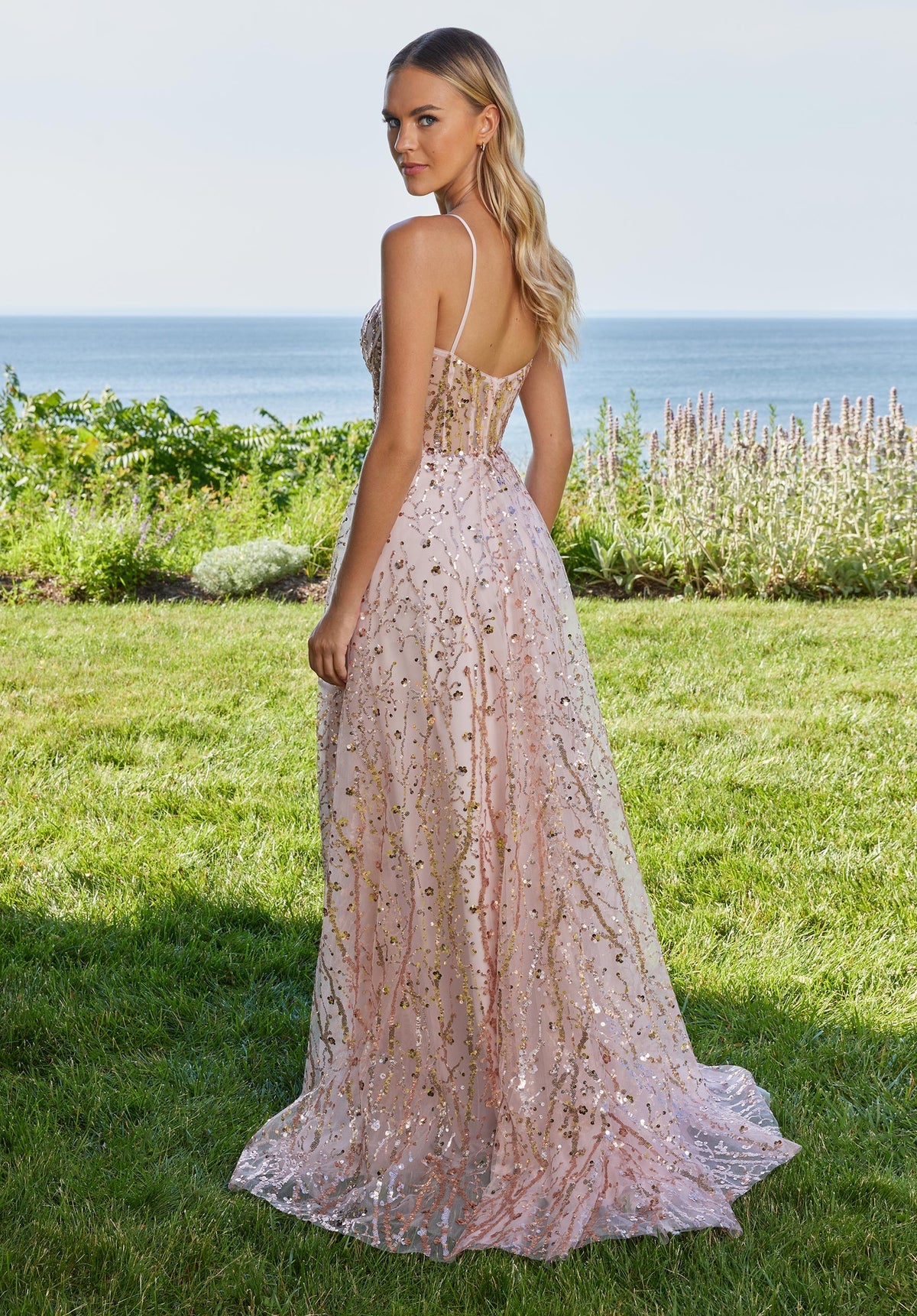 Blush Sage Green Sequin Tulle Maxi Prom Dresses with Thin Straps Sweetheart Neck High Slit Sweep Train for Prom and Destination Wedding