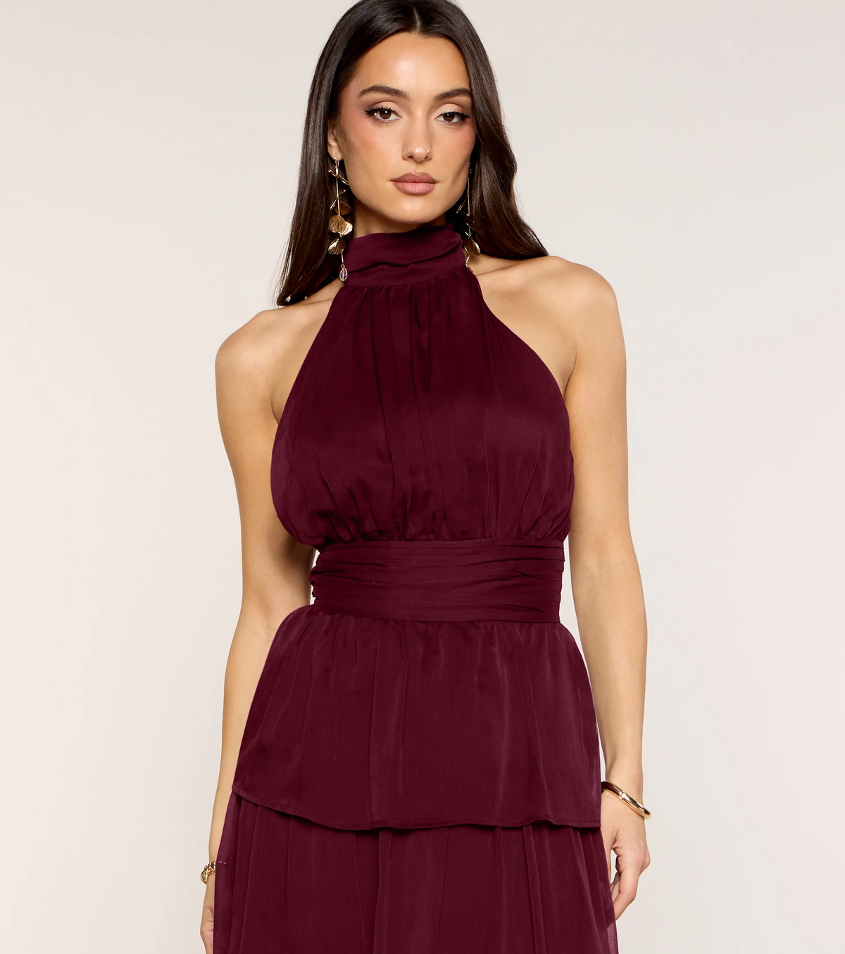 Burgundy Halter Tiered Chiffon Open Back Slit Evening Dresses