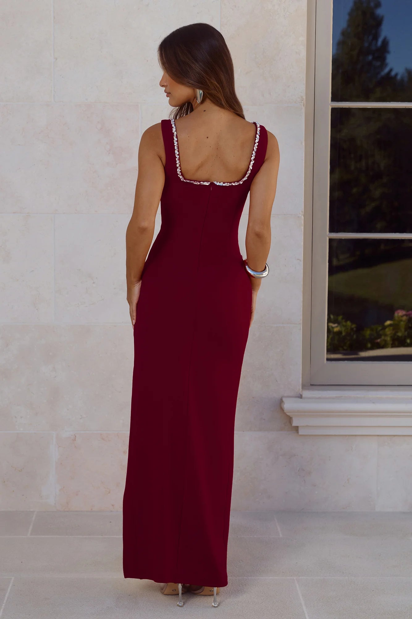 Burgundy Maxi Evening Dresses with Crystal Embellished Square Neck Sweetheart Cutout and High Side Slit