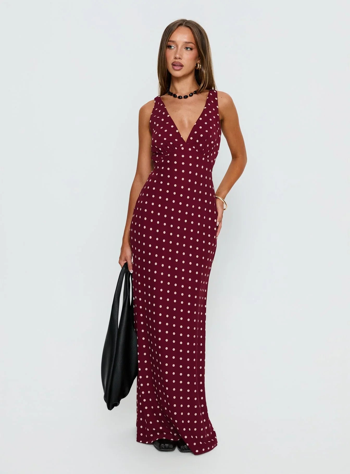 Burgundy Polka Dot Prom Dress with Sleeveless V Neck and Tie Back for Formal Events and Prom Nights