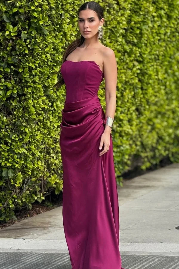 Burgundy Strapless Corset Draped Satin Mermaid Long Formal Evening Pro – Koutun Dress