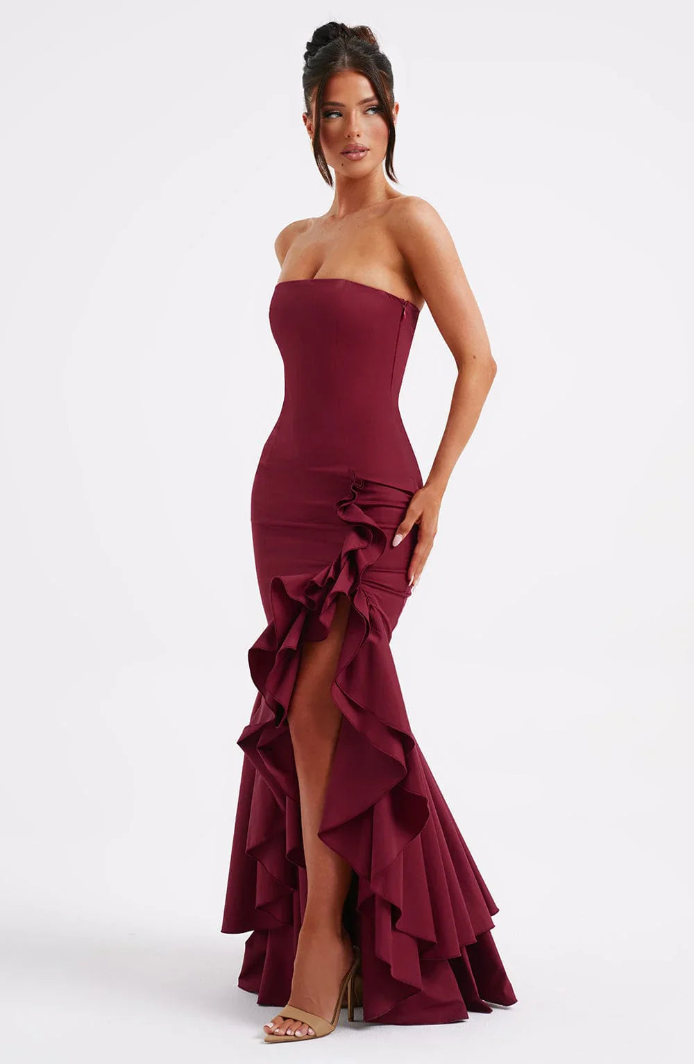 Burgundy Strapless Corset Mermaid Dress with Tiered Ruffle Skirt and High Slit Prom Dress