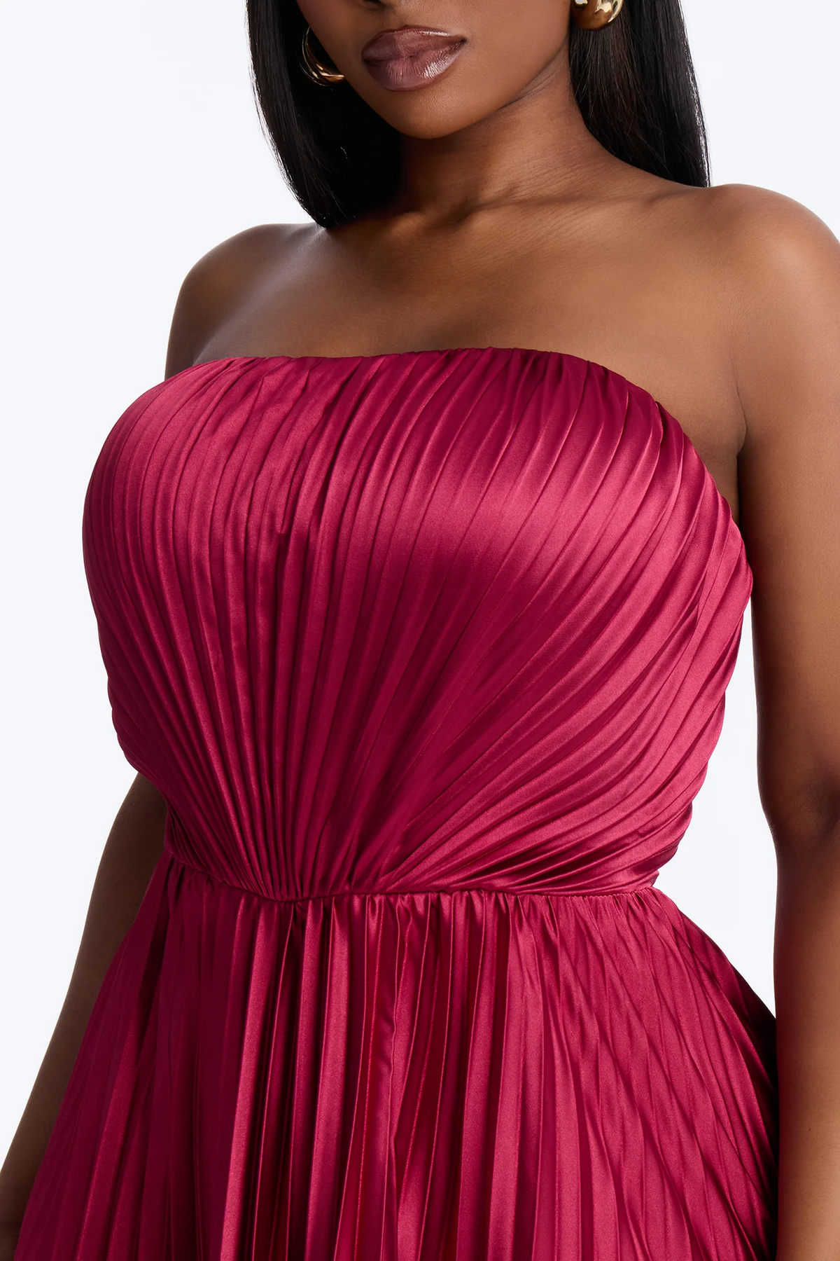 Burgundy Strapless Pleated Satin Cutout Back Evening Dress