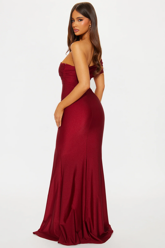Burgundy Strapless Ruched Mermaid Evening Dress With High Slit