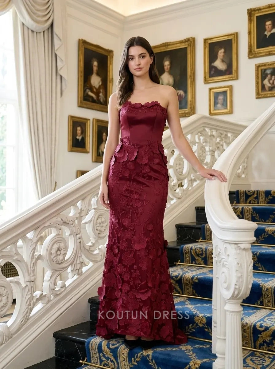 burgundy lace strapless dress Sweetheart 3D Floral Appliqué Lace-Up Back Satin Me – Koutun _tab_shippinginfo Elegant burgundy strapless Mother AW.Bridal A-line V-Neck Knee Mermaid dress Size:30 X 34