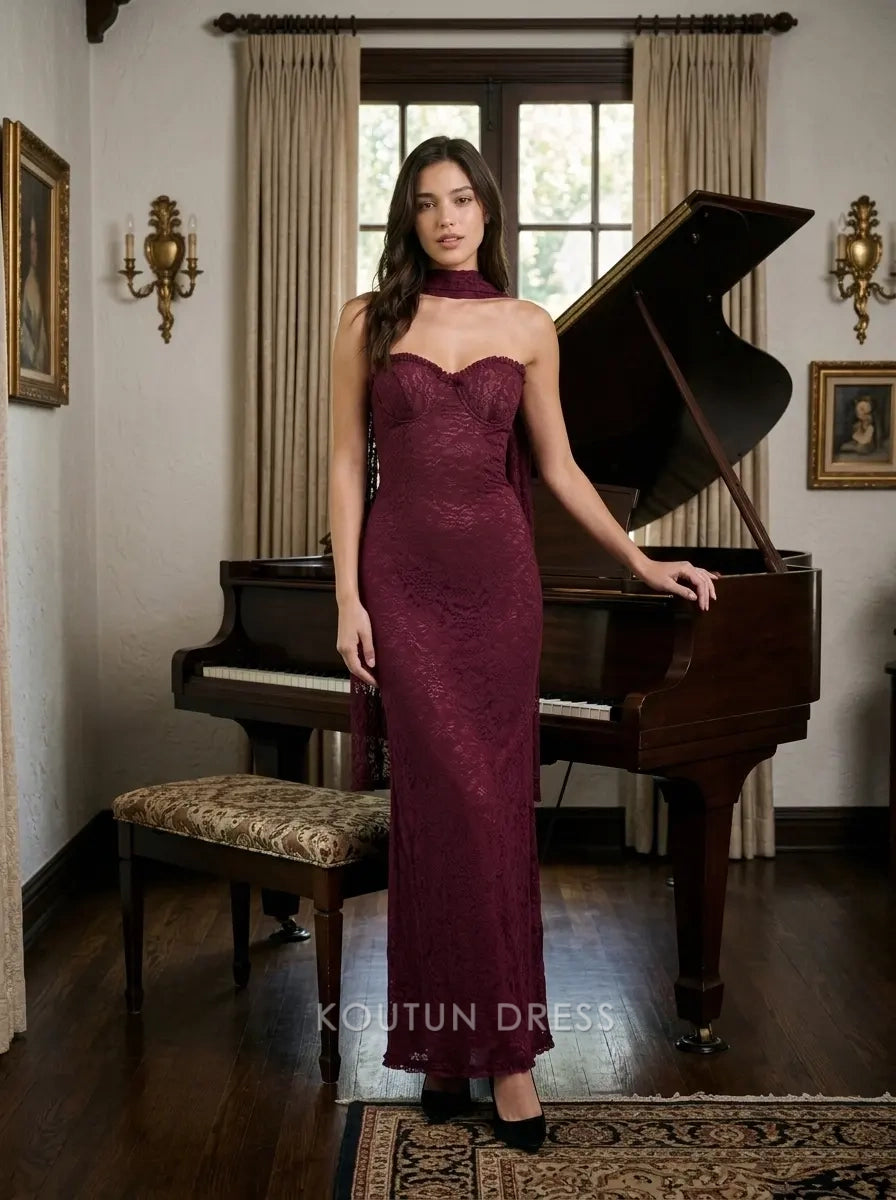 Burgundy Strapless Sweetheart Lace Mermaid Formal Evening Prom Dress W – Koutun Dress