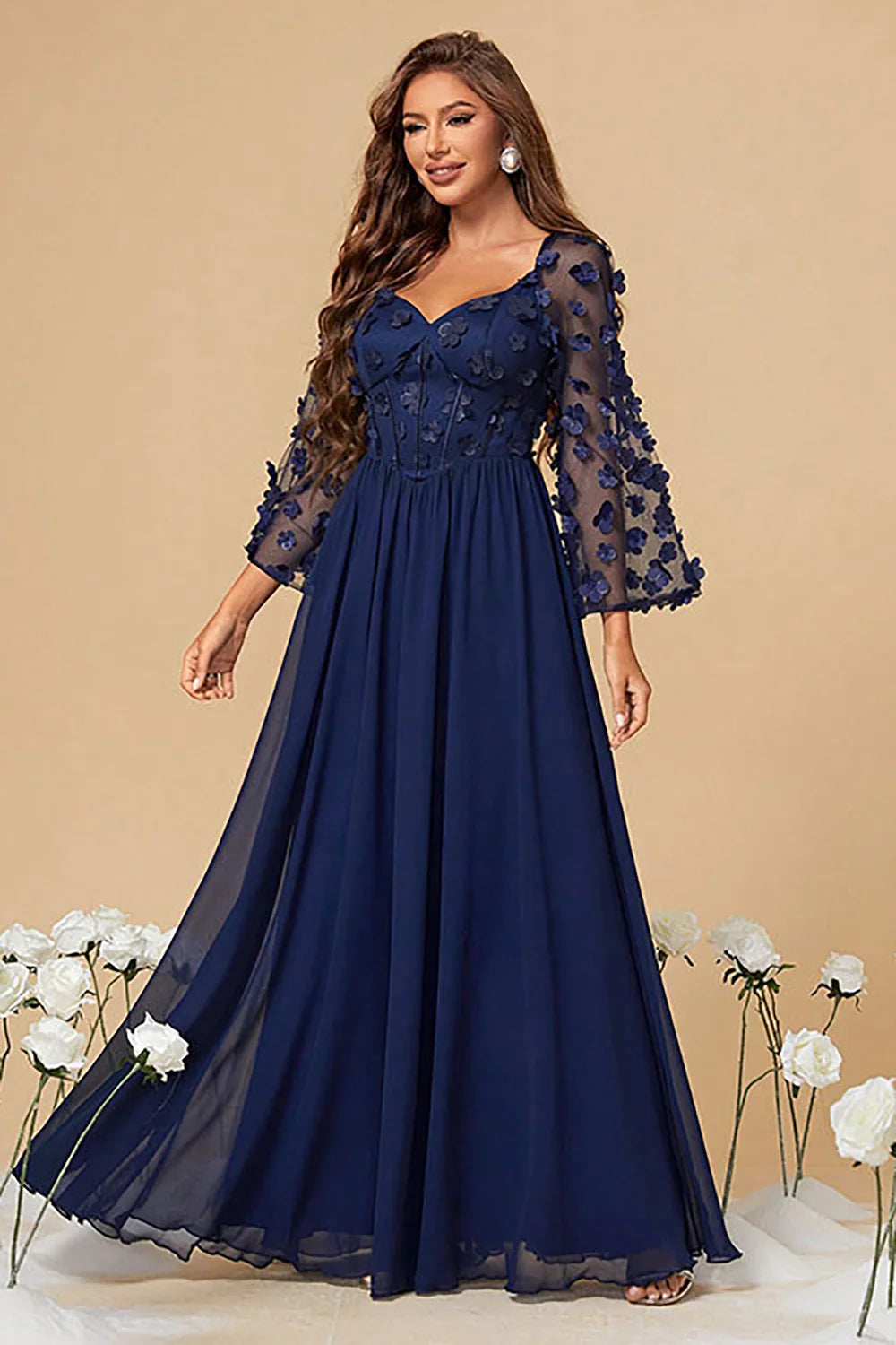 Navy A Line Long Sleeves Corset Formal Dress With Long Sleeves Koutun Dress Navy A Line Long Sleeves Corset Formal Dress With Long Sleeves Koutun Dress