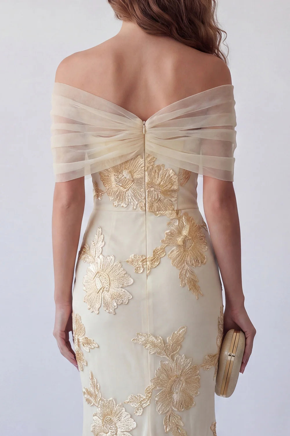 Champagne Off Shoulder Prom Dress With Gold Floral Applique High Slit Formal Prom Dress