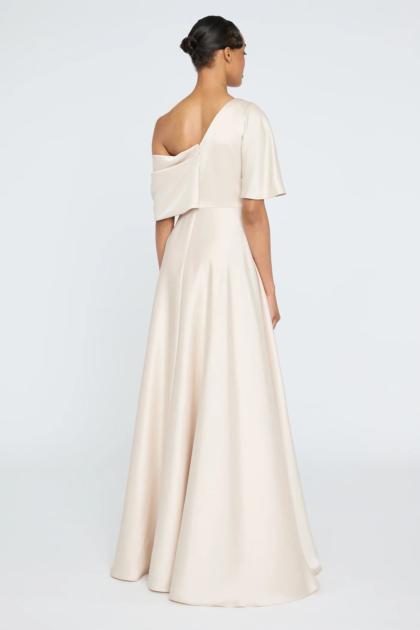 Champagne Satin A Line One Shoulder Asymmetric Draped Short Sleeve Floor Length Formal Evening Prom Dress