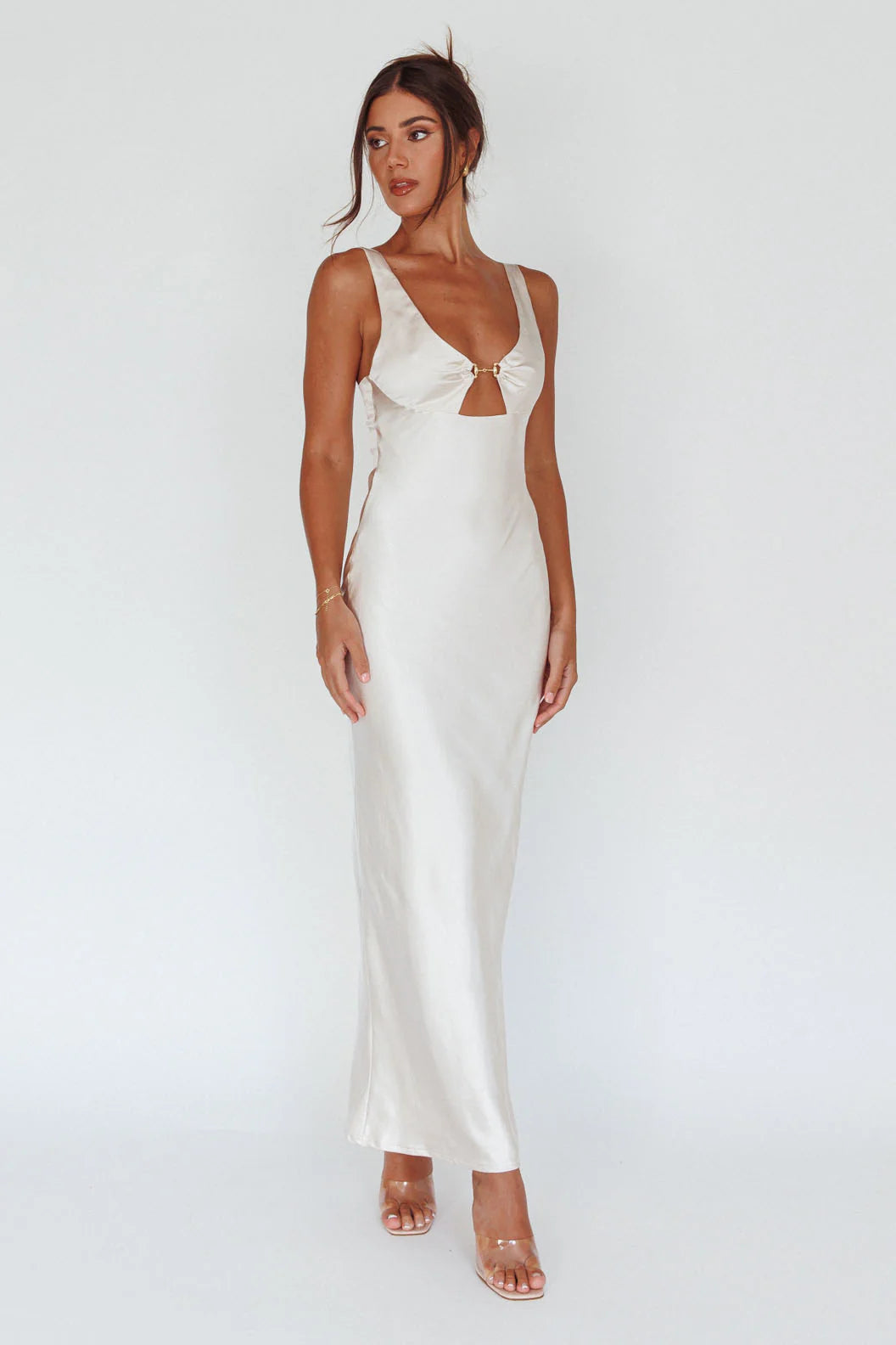 Champagne Satin U-Neck Cutout Ring Detail Maxi Prom Dress