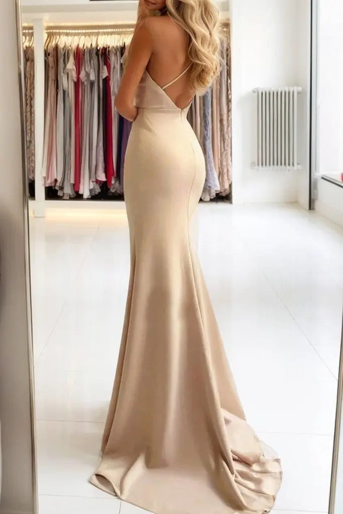 Champagne Spaghetti Strap Satin Mermaid Prom Dress with High Slit for Formal Events and Prom Nights