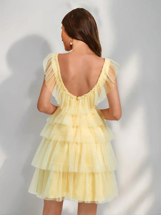 Back view of A-Line V-neck tulle short homecoming dress with ruffles.