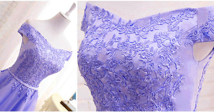 Full view of a purple short sleeve off-shoulder party dress.