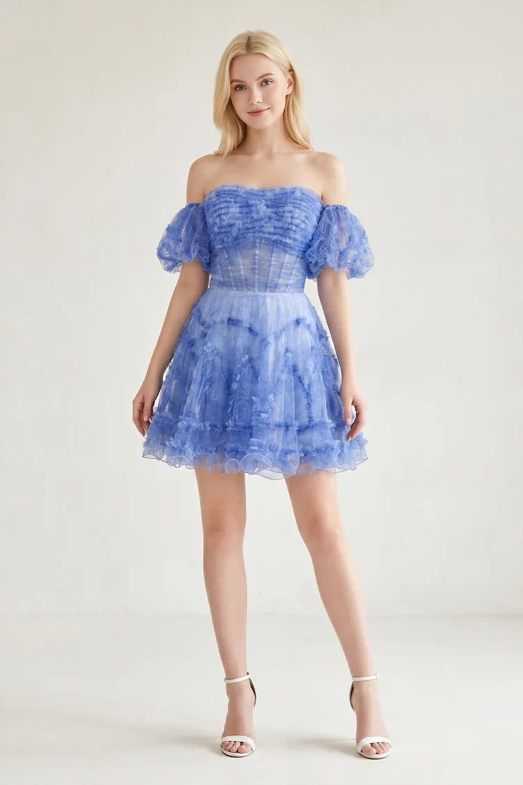 Charming A-Line Off-Shoulder Ruffled Puff-Sleeve Blue Short Homecoming Dress