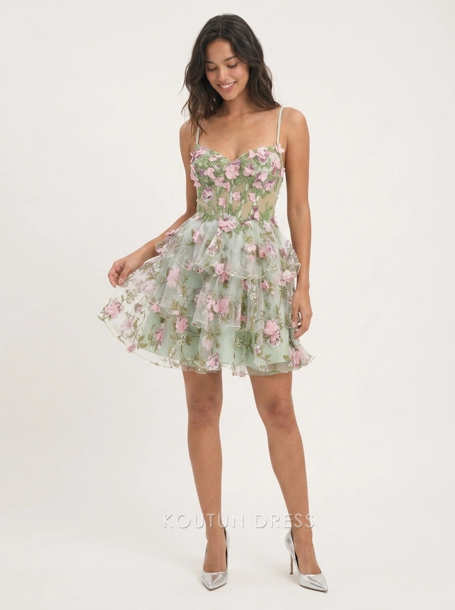Charming A-Line Sweetheart Sleeveless Floral Tiered Mint Short Homecoming Dress