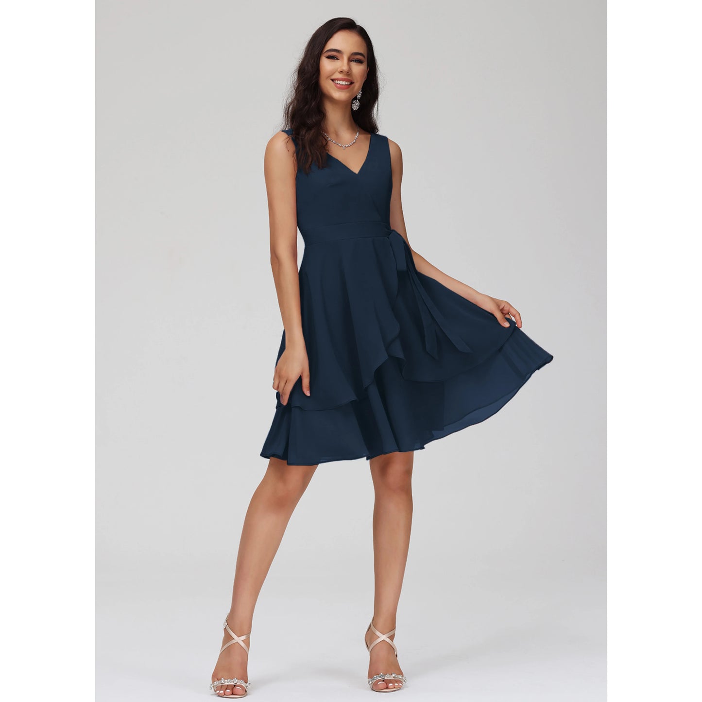 Charming A-Line V-Neck Sleeveless Ruffled Tie-Waist Navy Blue Knee-Length Homecoming Dress