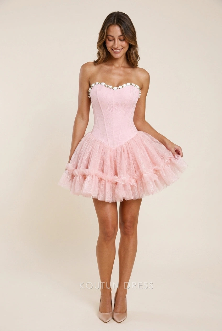 Koutun Strapless Tulle Corset Pink Mini Homecoming Dress – Koutun Dress