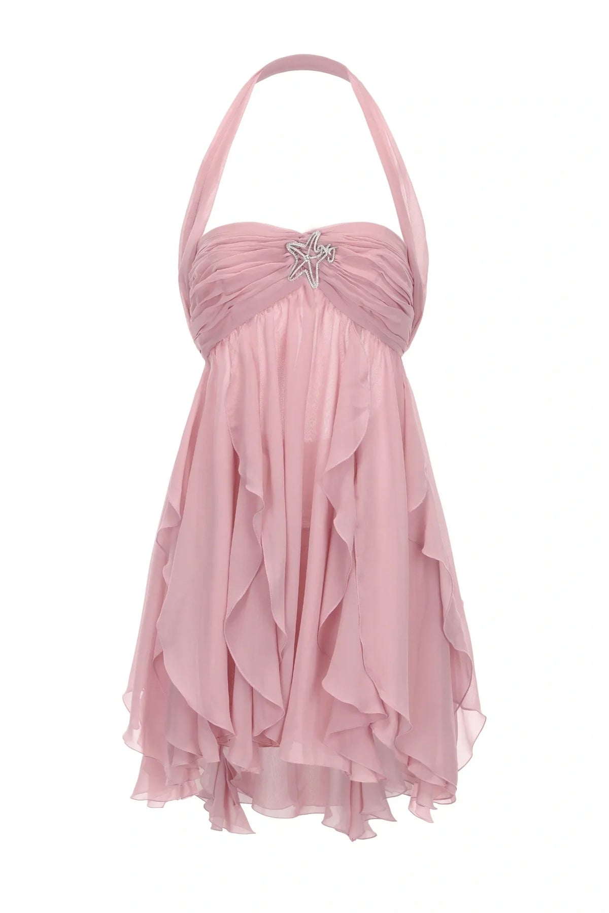 Stylish pink short dress with sweetheart neckline and ruched details.