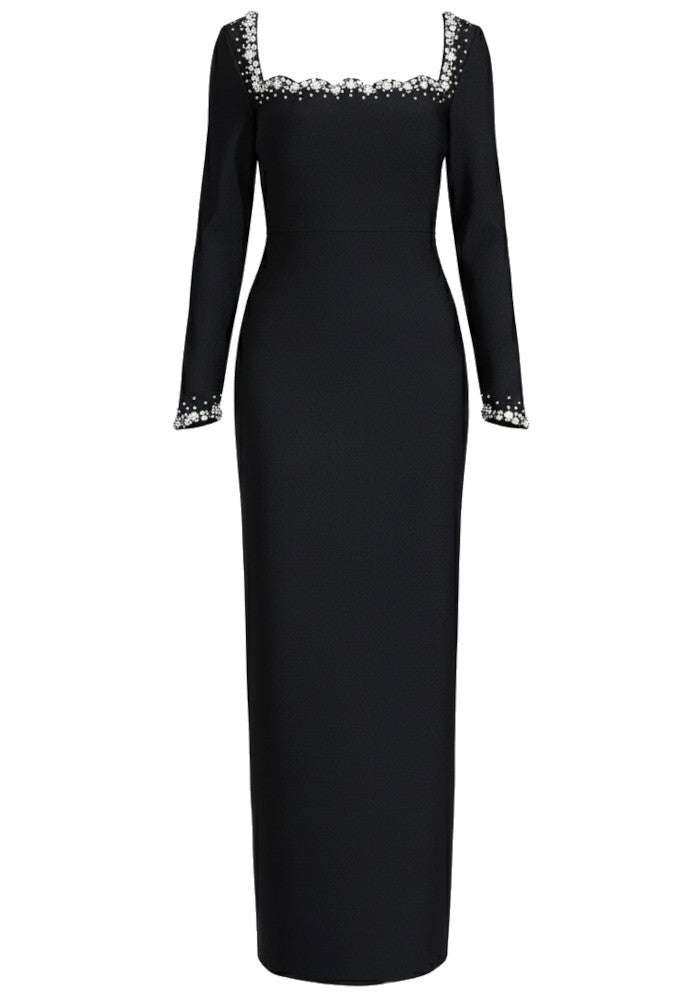 Chic Black Satin V-Neck Long Sleeve Beaded Prom Dresses for Formal Evening Events & Wedding Galas