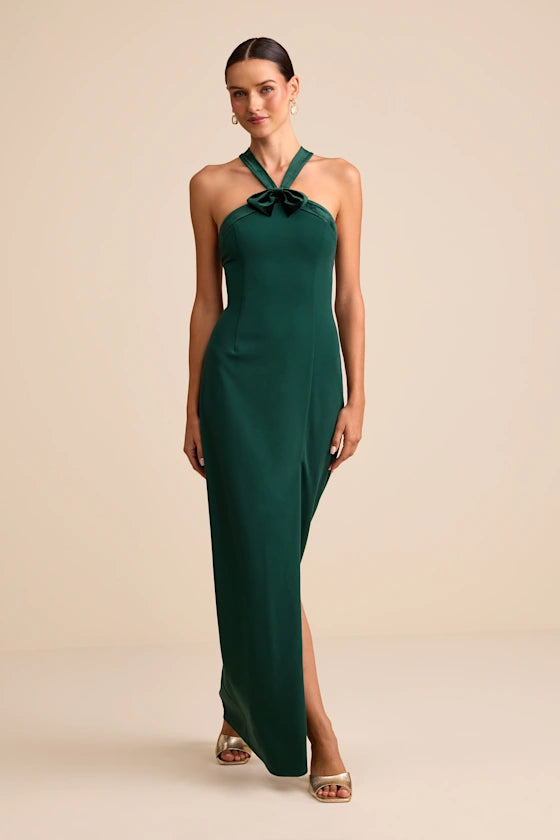 Chic Emerald Green Halter Maxi Dress with Bow Detail and High Side Sli