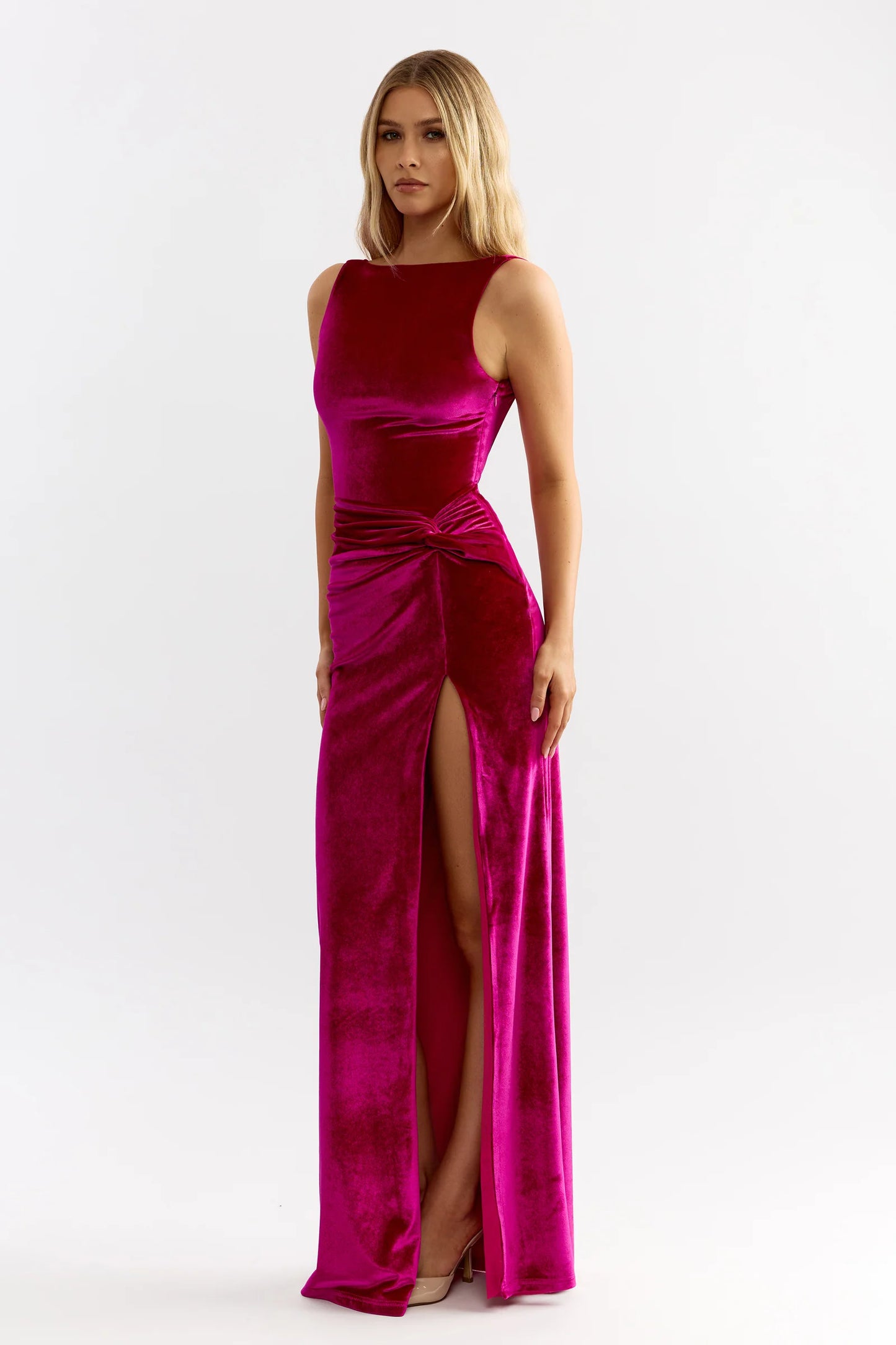 Chic Mermaid Sleeveless Knot Detail High Slit Velvet Long Prom Dress in Magenta for Formal Events