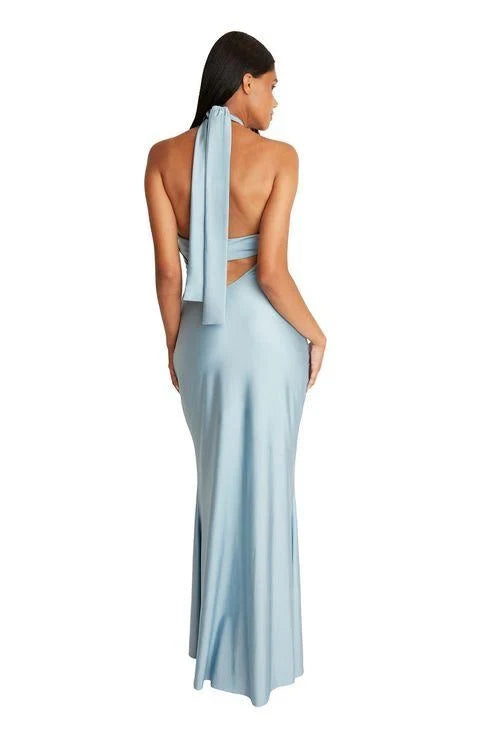 Chic A-Line Halter Neck Sleeveless Flowy Sophisticated Dusty Blue Floor-Length Bridesmaid Dress Women's Gown