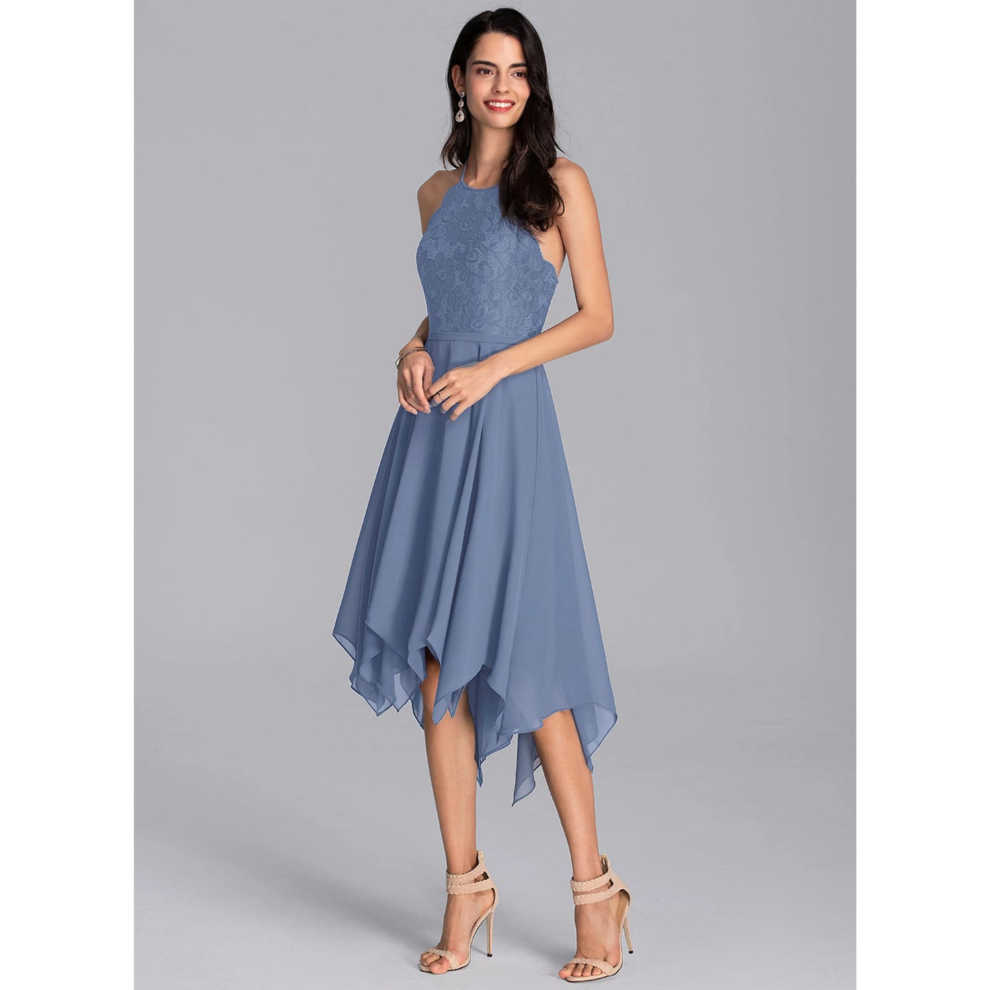 Chic A-Line Halter Sleeveless Lace Asymmetrical Dusty Blue Homecoming Dress