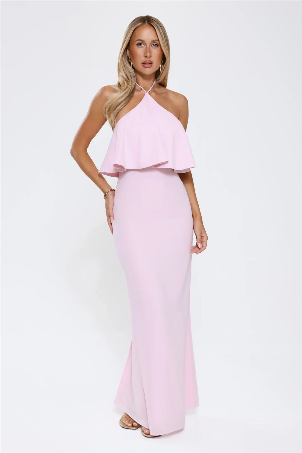 Chic A-Line Halter Sleeveless Ruffled Backless Pink Floor-Length Prom Gown
