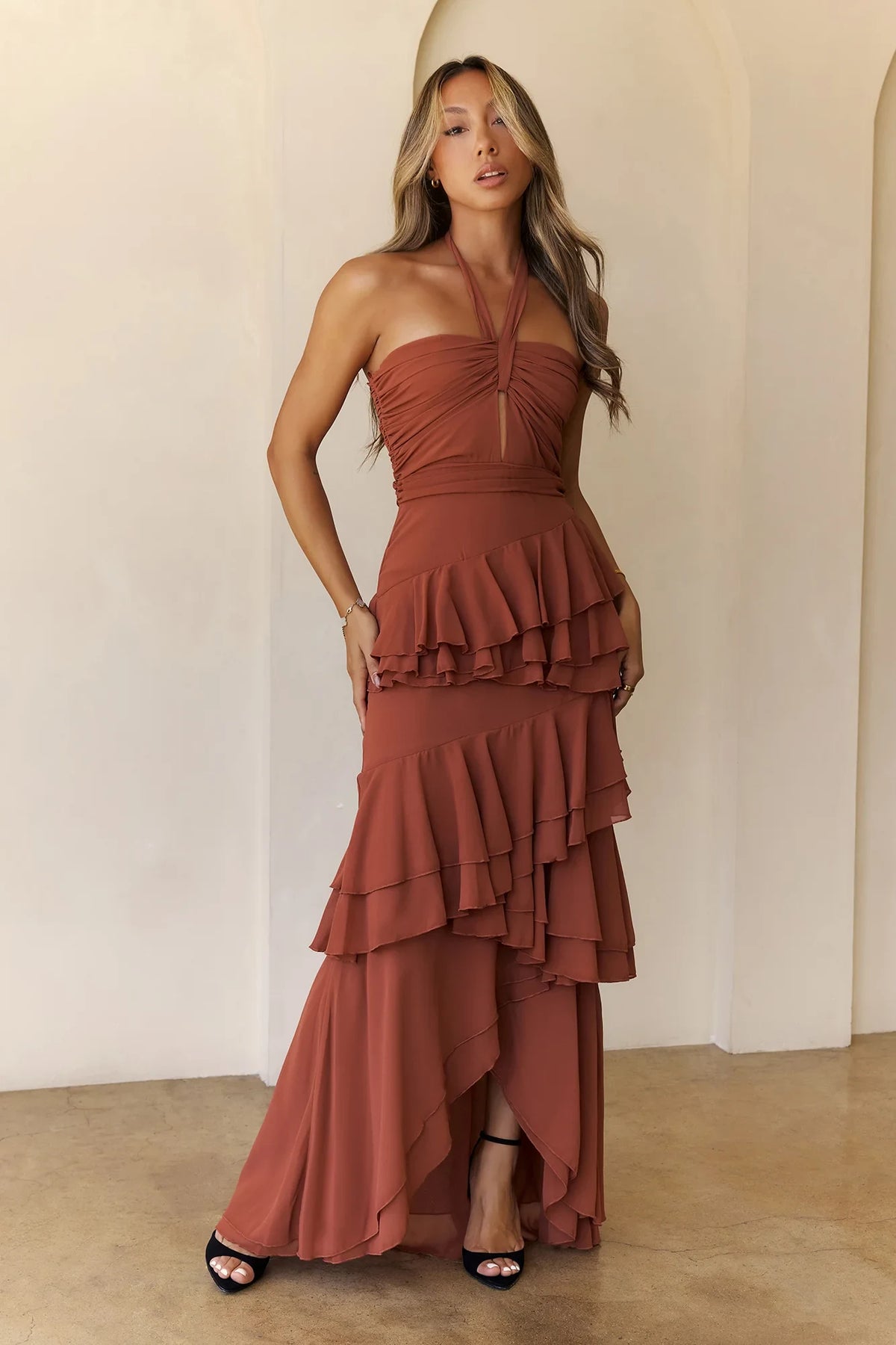 Chic A-Line Halter Sleeveless Ruffled Rust Floor-Length Prom Dress Women's Gown