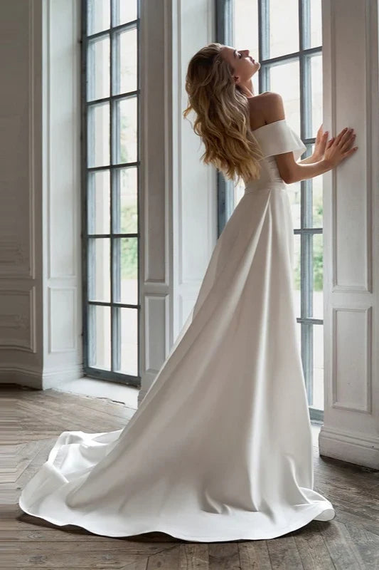 Chic A-Line Off-Shoulder High Slit Draped Ivory Floor-Length Wedding Gown