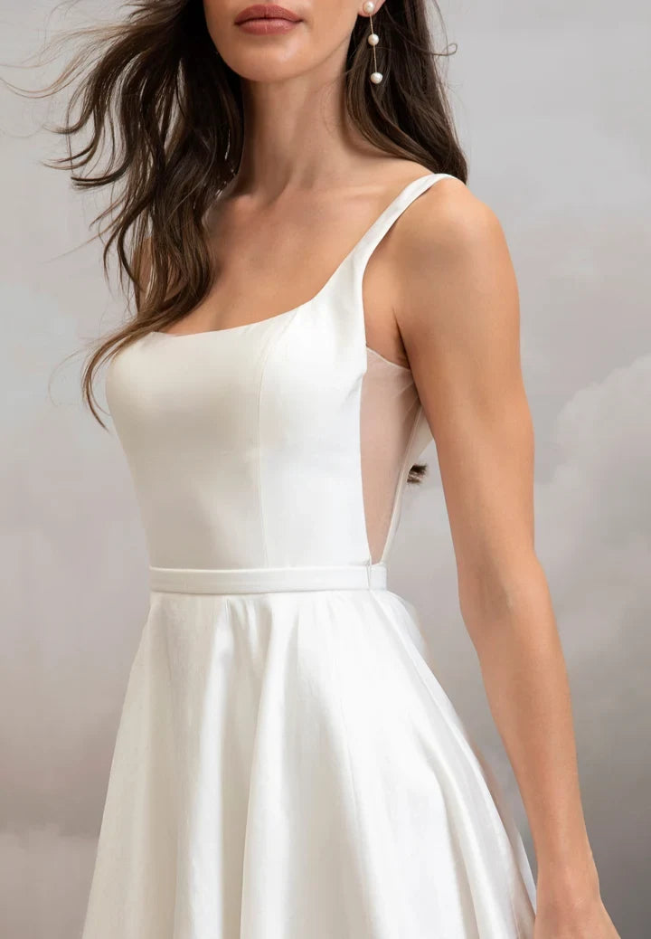 Chic A-Line Square-Neck Sleeveless Backless Bow Ivory Maxi Wedding Dresses Bride