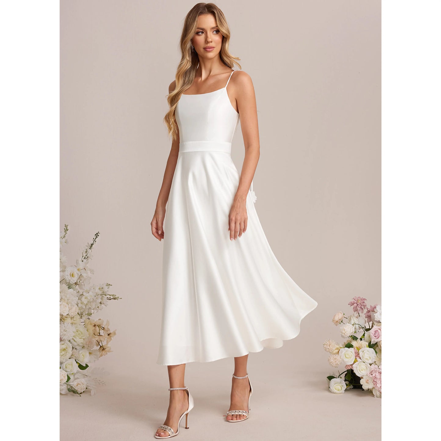 Chic A-Line Square Neck Sleeveless Minimalist White Midi Wedding Dress for Brides