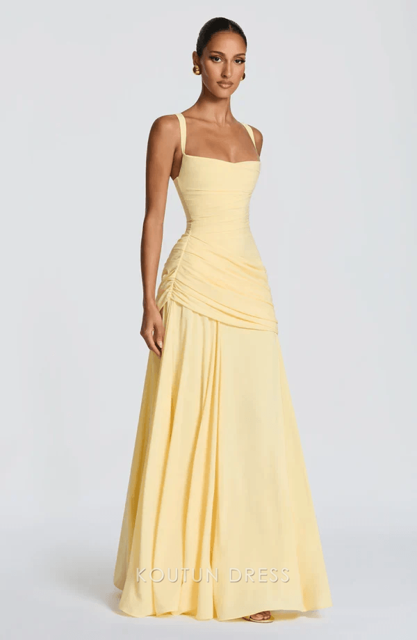 Chic A-Line Square Neck Sleeveless Ruched Corset Pale Yellow Floor-Length Prom Dress