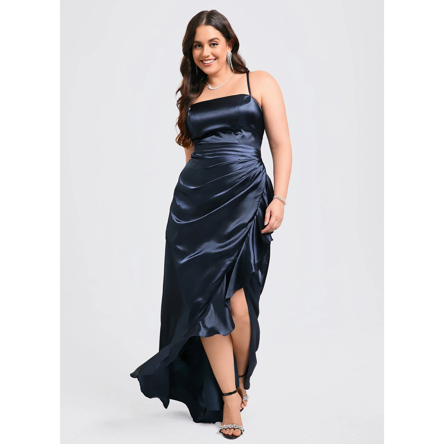Chic A-Line Square Neck Sleeveless Ruched Slit Navy Blue Floor-Length Prom Dress