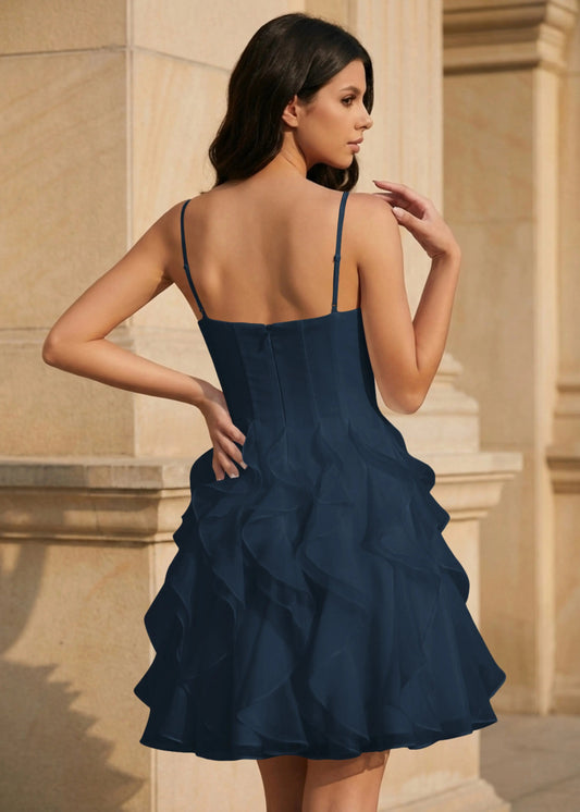 Chic A-Line Square Neck Sleeveless Ruffled Navy Blue Short Homecoming Dresses