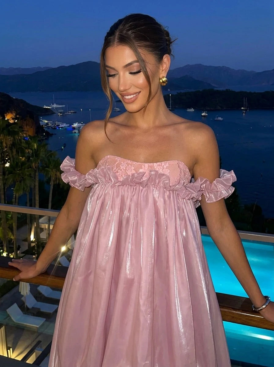 Chic A-Line Strapless Sleeveless Ruffled High-Low Pink Maxi Prom Dresses Gown