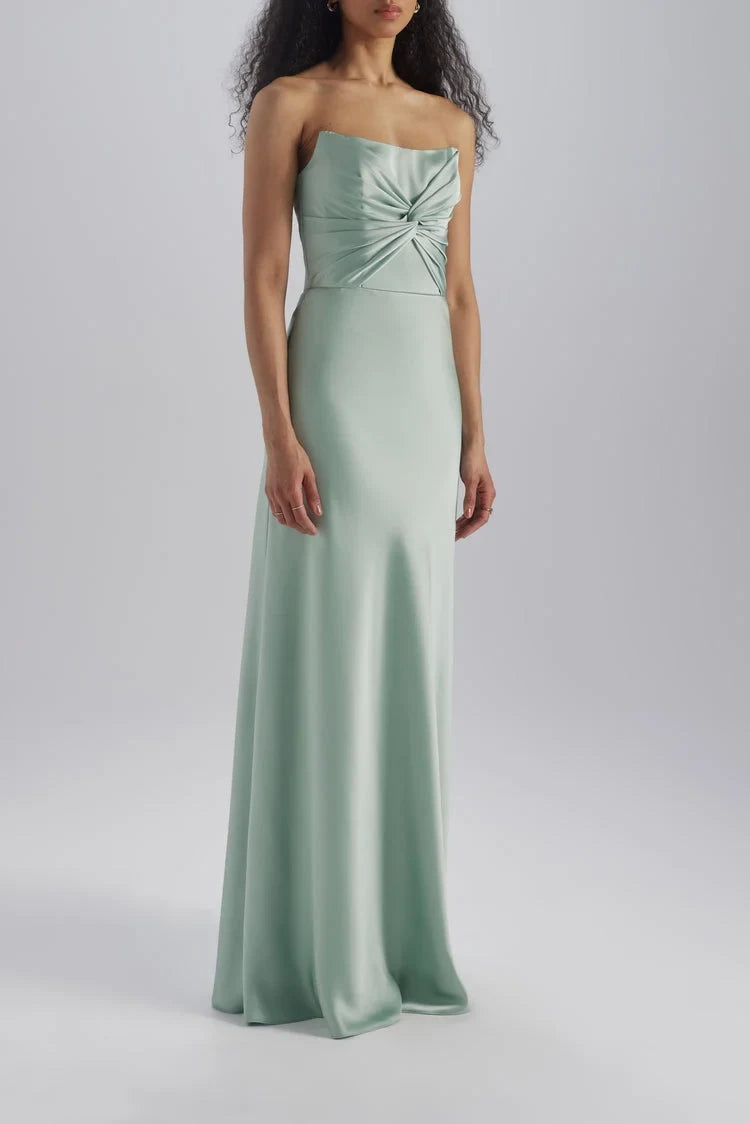 Chic A-Line Strapless Sleeveless Twisted Bodice Sage Green Floor-Length Bridesmaid Gown